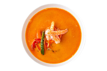 Fragrant first course seafood in fish back and shrimp shell broth. Vegetarian dietary cream soup based on baked and fresh vegetables. Fitness menu. Delivery of prepared food. White background