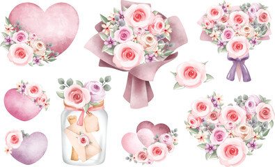 Watercolor Illustration set of vintage love elements