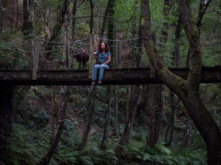 Brunette woman with chocolate labrador retriever sitting on a wood bridge and oak and chestnut trees in the background.