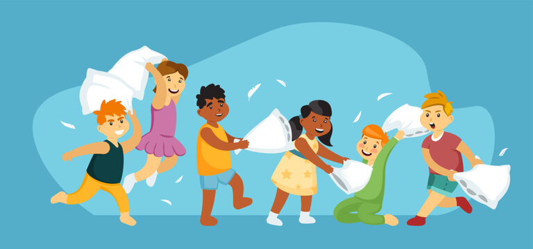 pillow battles. little kids in kindergarten fights with pillows jumping and running together. Vector cartoon male and female characters