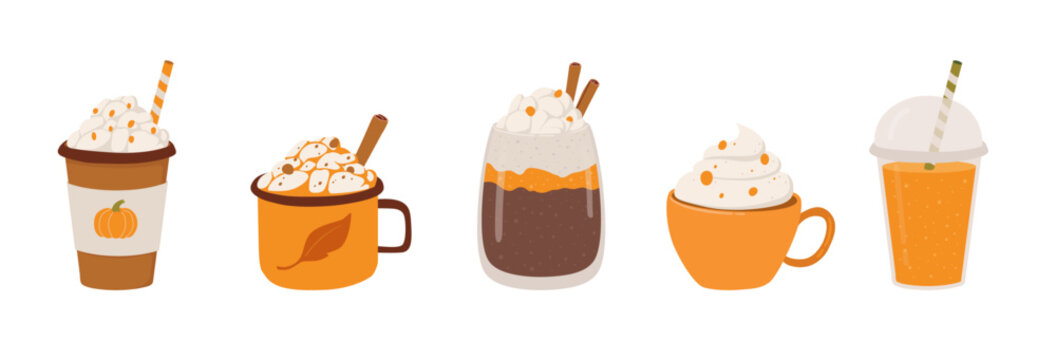 Set of different autumn and winter drinks vector illustration. Mug with cappucino, pumpkin latte, hot chocolate, cacao, smoothie.  Cartoon icons in hand drawn style.