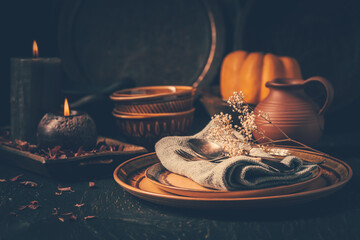 Restaurant autumn table setting. Thanksgiving holiday Place setting autumn decoration.