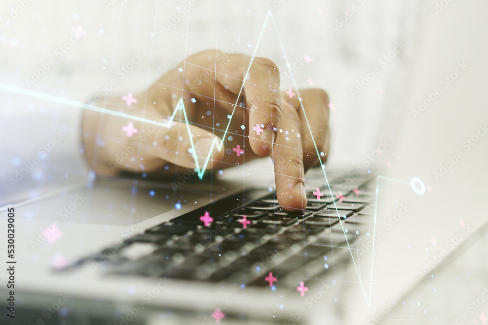 Poster creative abstract heart pulse hologram and hands typing on computer keyboard on background, online m