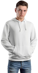 Mockup white hoodie on a guy in jeans, png, stylish sweatshirt with a hood, isolated.