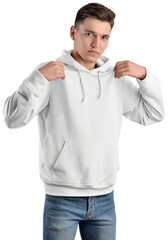 Mockup white hoodie on a guy in jeans, png, stylish sweatshirt with a hood, isolated.