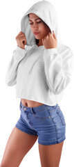 Mockup of a white crop top on a girl in shorts, png, stylish sweatshirt with a hood, isolated.