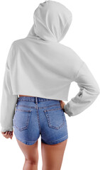 Mockup of a white crop top on a girl in shorts, png, stylish sweatshirt with a hood, isolated.