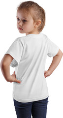 White t-shirt mockup on smiling girls in jeans, png, stylish kids clothes, isolated.