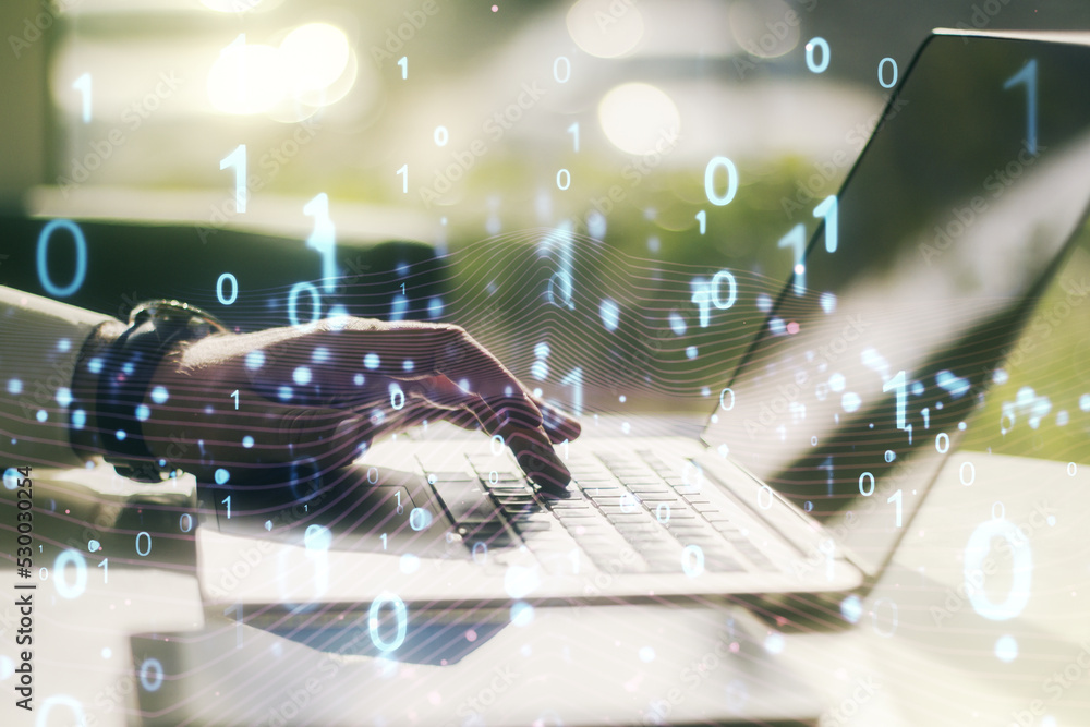 Poster creative abstract binary code hologram and hands typing on computer keyboard on background, ai and m