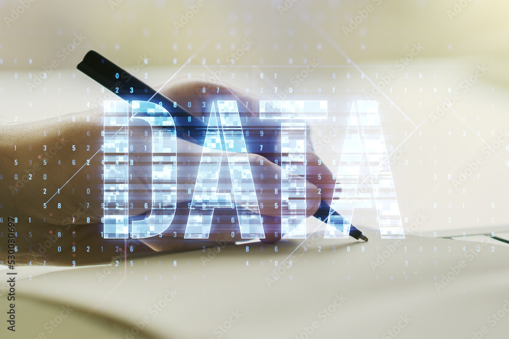 Poster creative data word hologram and man hand writing in notebook on background, big data and blockchain 
