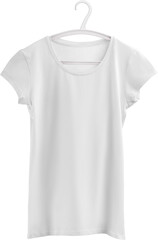 White t-shirt mockup, png, female clothes on a hanger, isolated.