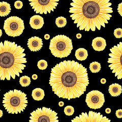 Sunflowers seamless pattern. Watercolor illustration. Isolated on a black background.