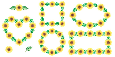 Sunflower set of wreaths of different shapes.Watercolor illustration. Isolated on a white background