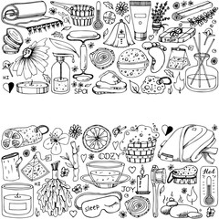 Sauna accessories sketches. Hand drawn doodle spa items collection. Vector outline object