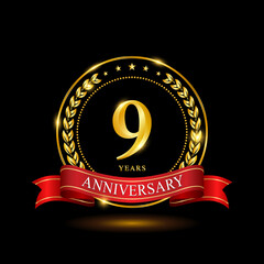 9 Years Anniversary template design, with shiny ring and red ribbon, laurel wreath isolated on black background, logo vector