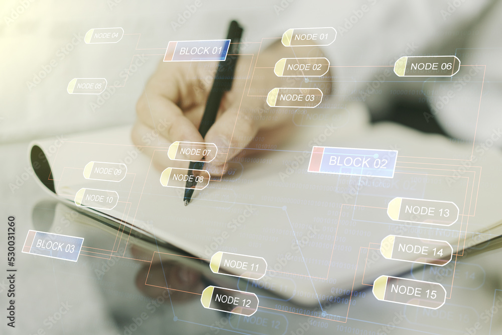 Poster multi exposure of abstract software development hologram and man hand writing in notebook on backgro