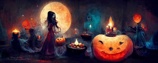 Halloween celebration party illustration, wallpaper, background, tickets and advertising.