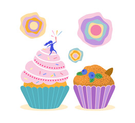 Color graphic drawing set of cartoon flat cakes with blueberries, cream, and a silhouette of a woman with a pastry whisk. Vector food illustration isolated on a white background.