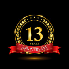 13 Years Anniversary template design, with shiny ring and red ribbon, laurel wreath isolated on black background, logo vector