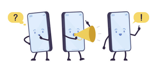 Smartphone cartoon character set, question, exclamation, loudspeaker. Asking help, support, seek information, important notification, high ringtone, audio louder app. Vector flat style illustration
