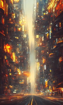 Streets Of Cyberpunk City. Bright Glowing Houses And Windows Of Skyscrapers Of A Fantastic City Of The Future. Neon Advertising Signs. 3d Illustration