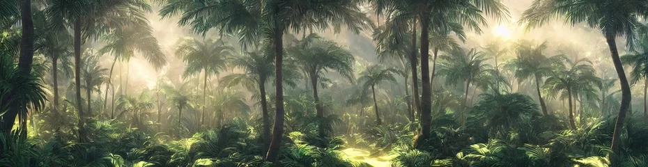 Foto op Aluminium Mooie magische palm, fantastische bomen. Palm Forest jungle landschap, zonnestralen verlichten de bladeren en takken van bomen. Magische zomer. 3d illustratie © Mars0hod