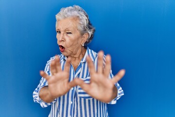 Senior woman with grey hair standing over blue background afraid and terrified with fear expression stop gesture with hands, shouting in shock. panic concept.