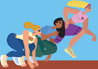 Illustration of three female athletes getting ready to run