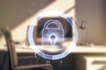 Creative light lock illustration with microcircuit and modern desktop with pc on background, cyber security concept. Multiexposure