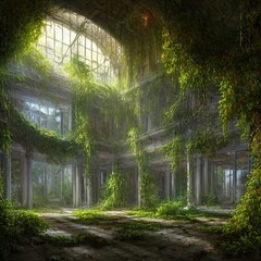 Obraz na płótnie Canvas Abandoned palace castle overgrown with vegetation, ivy and vines. Empty atrium halls, no one around. Building is captured by nature and vegetation. 3d illustration