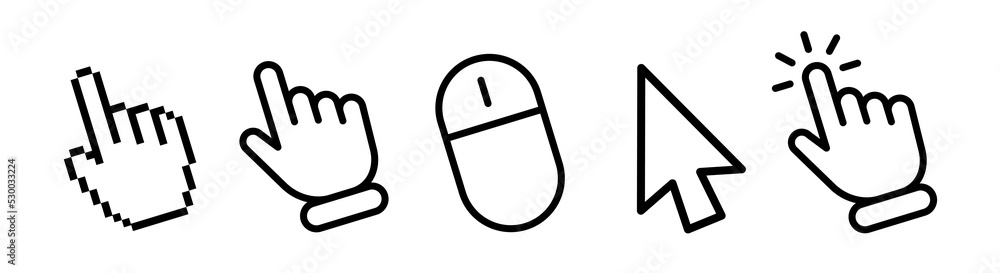 Poster Hand pointer cursor mouse icon set. Computer mouse click cursor. Click, tap, swipe, slide , hand signs. Black finger touch screen symbol. Mouse click cursor collection
