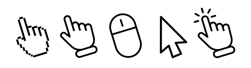 Obraz premium Hand pointer cursor mouse icon set. Computer mouse click cursor. Click, tap, swipe, slide , hand signs. Black finger touch screen symbol. Mouse click cursor collection