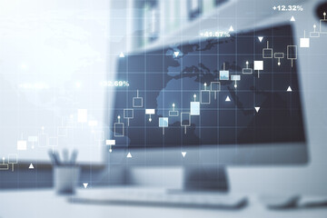 Multi exposure of abstract creative financial graph with world map and modern desktop with computer on background, forex and investment concept