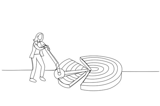 Illustration of businesswoman break down dartboard target into chunks. Metaphor for break down big goal into small achievable goals. Single line art style