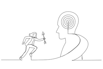 Drawing of businesswoman hold arrow running up stairway to the target on human head. Metaphor for growth, success, target, positioning. Continuous line art style