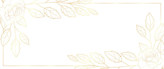 Luxury floral botanical on white background vector. Elegant gold line wallpaper with rose flowers, leaves, foliage, branches in gold hand drawn. Golden roses frame design for wedding, invitation.