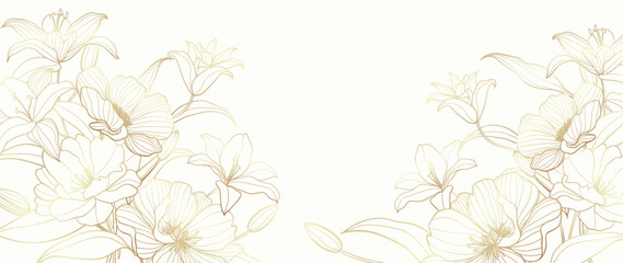 Fototapeta premium Luxury floral botanical on white background vector. Elegant gold line wallpaper lily, flowers, leaves, foliage, branches in hand drawn. Golden blossom frame design for wedding, invitation.