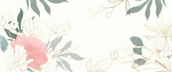 Luxury floral botanical on white background vector. Elegant gold line wallpaper lily, roses, leaves, foliage, branches in hand drawn. Watercolor flower blossom frame design for wedding, invitation.