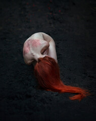 A naked red-haired woman in a creepy pose is lying on the ground. No face visible. The concept of horror.