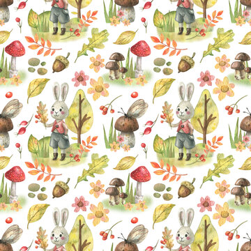 Seamless nature pattern in forest style with cute rabbit and moth, mushrooms, toadstools, leaves, fly agaric. oak leaves, trees. Watercolor illustration for autumn textile, cover or wallpaper.