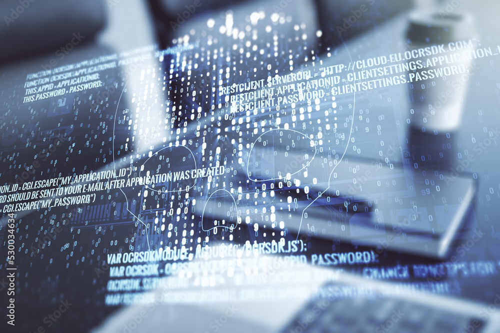 Poster double exposure of creative code skull hologram on laptop background. malware and cyber crime concep
