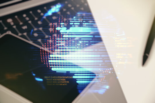 Multi exposure of abstract programming language hologram with world map on computer background, artificial intelligence and neural networks concept