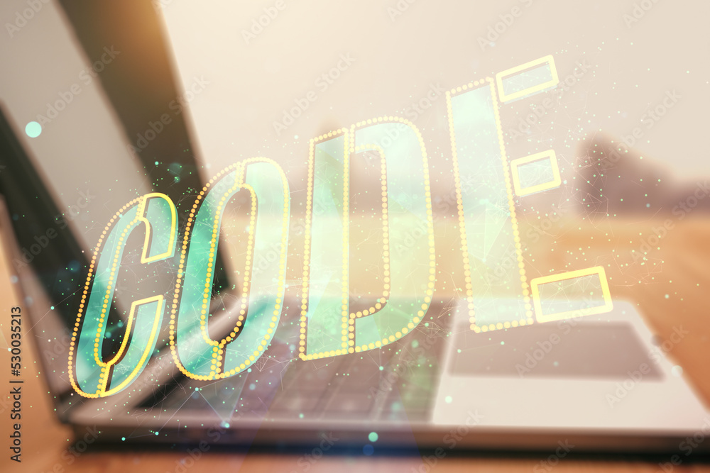 Poster creative code word hologram on modern computer background, artificial intelligence and neural networ
