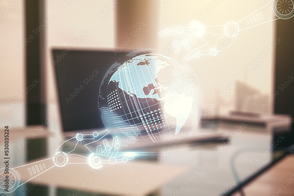 Poster creative abstract robotics technology hologram with globe on modern computer background, artificial 