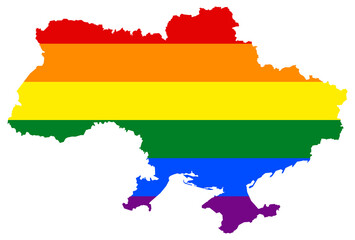 Ukraine map with pride rainbow LGBT flag colors