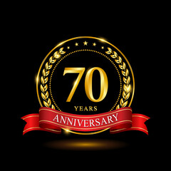 70 Years Anniversary template design, with shiny ring and red ribbon, laurel wreath isolated on black background, logo vector