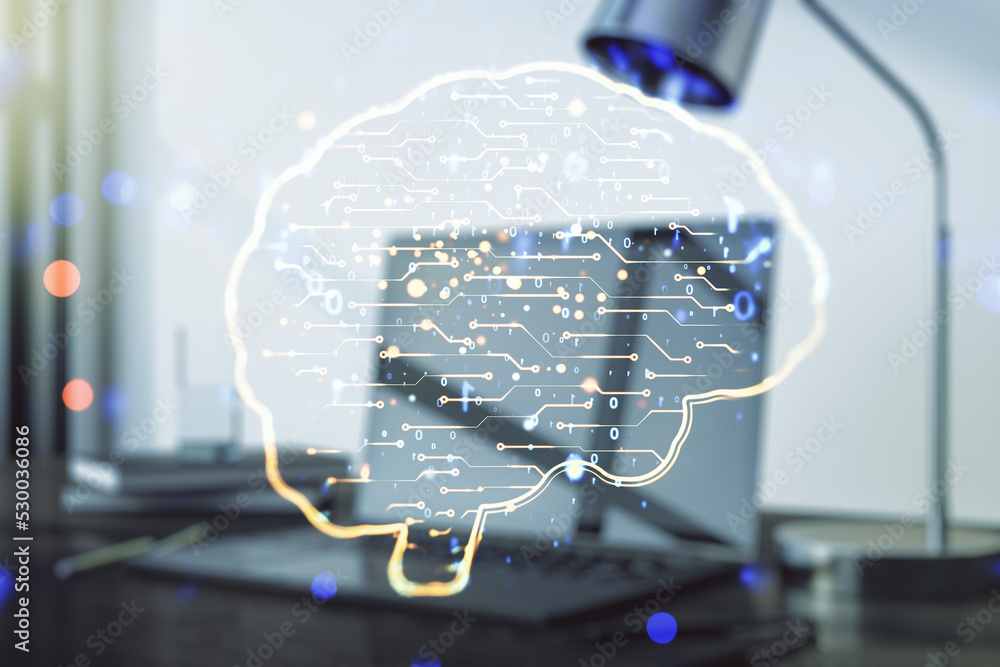 Poster Double exposure of creative human brain microcircuit with computer on background. Future technology and AI concept