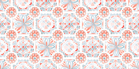 Seamless watercolor pattern. Ornament is drawn with paints on paper. Print for home decor. Gray, orange and white colors. Handmade.