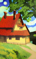 Obraz na płótnie Canvas Oil painting cute village house in Van Gogh impressionism style. Large massive brush strokes on canvas. Wall art print for decoration