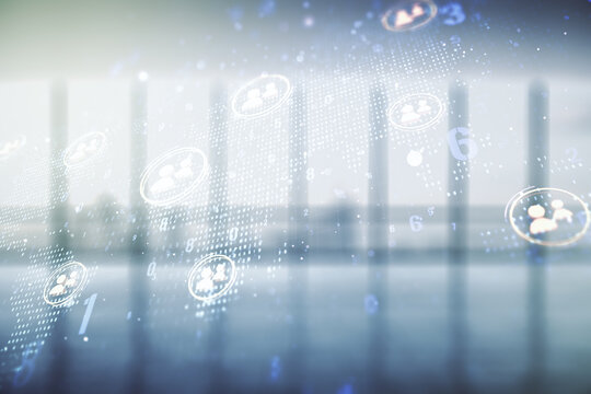 Double exposure of social network icons hologram and world map on empty modern office background. Marketing and promotion concept